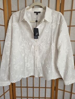 NWT WOMENS ADRIANNA PAPELL 3D FLOWERS WHITE COTTON LONG SLEEVES SHIRT/BLOUSE M